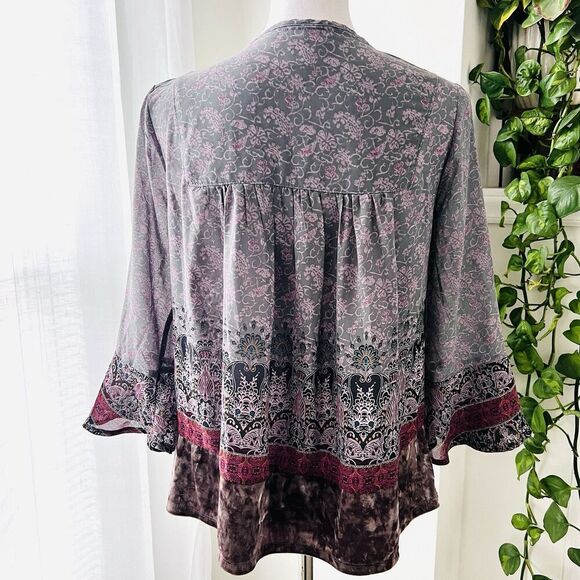 Knox Rose Gray & Red Billowy Chiffon Boho Blouse w/ Velvety Trim XS Cottagecore - Picture 6 of 8